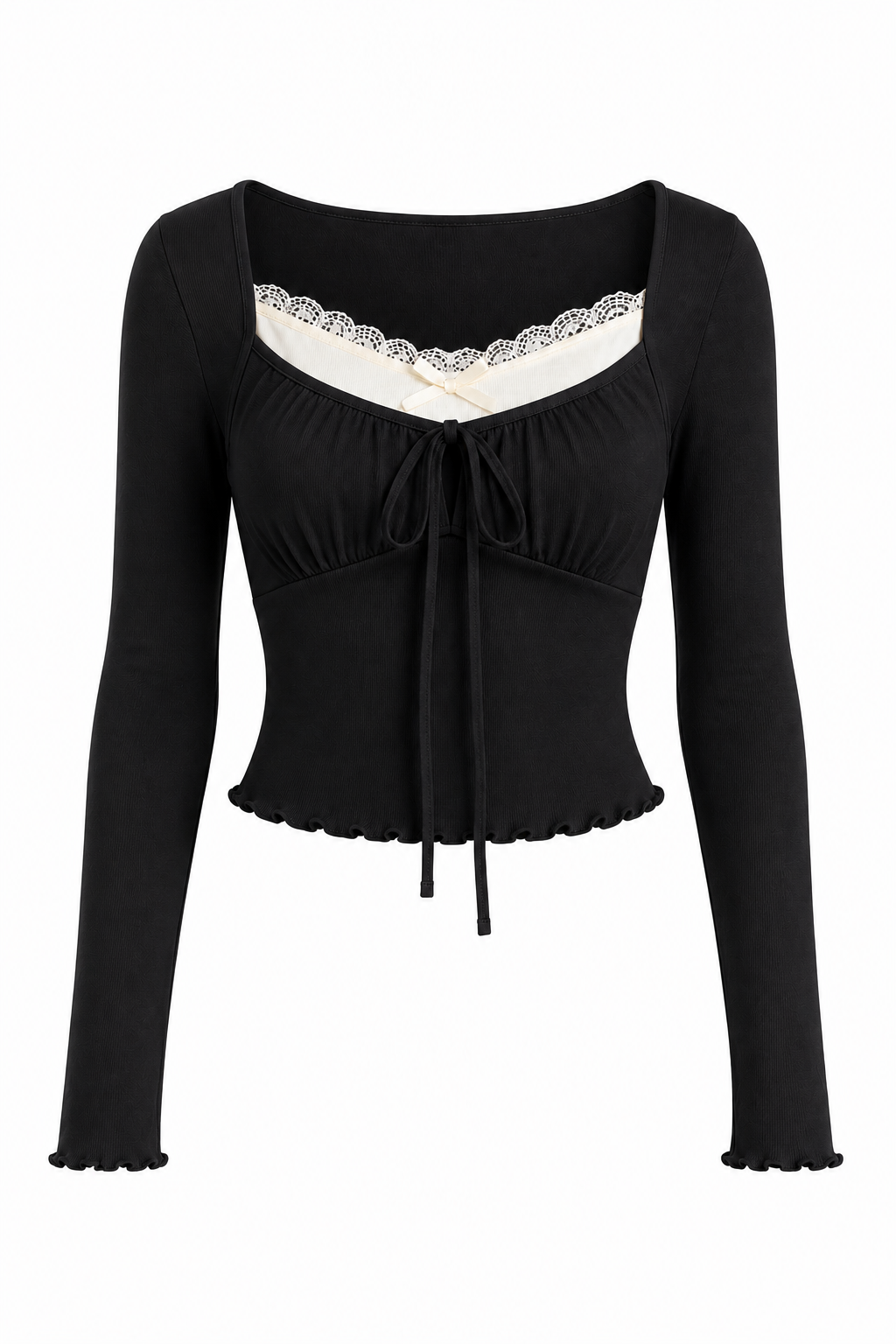 Korean Lace Tie Front Ribbed Crop Top - Image 2