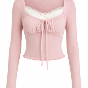 Korean Lace Tie Front Ribbed Crop Top