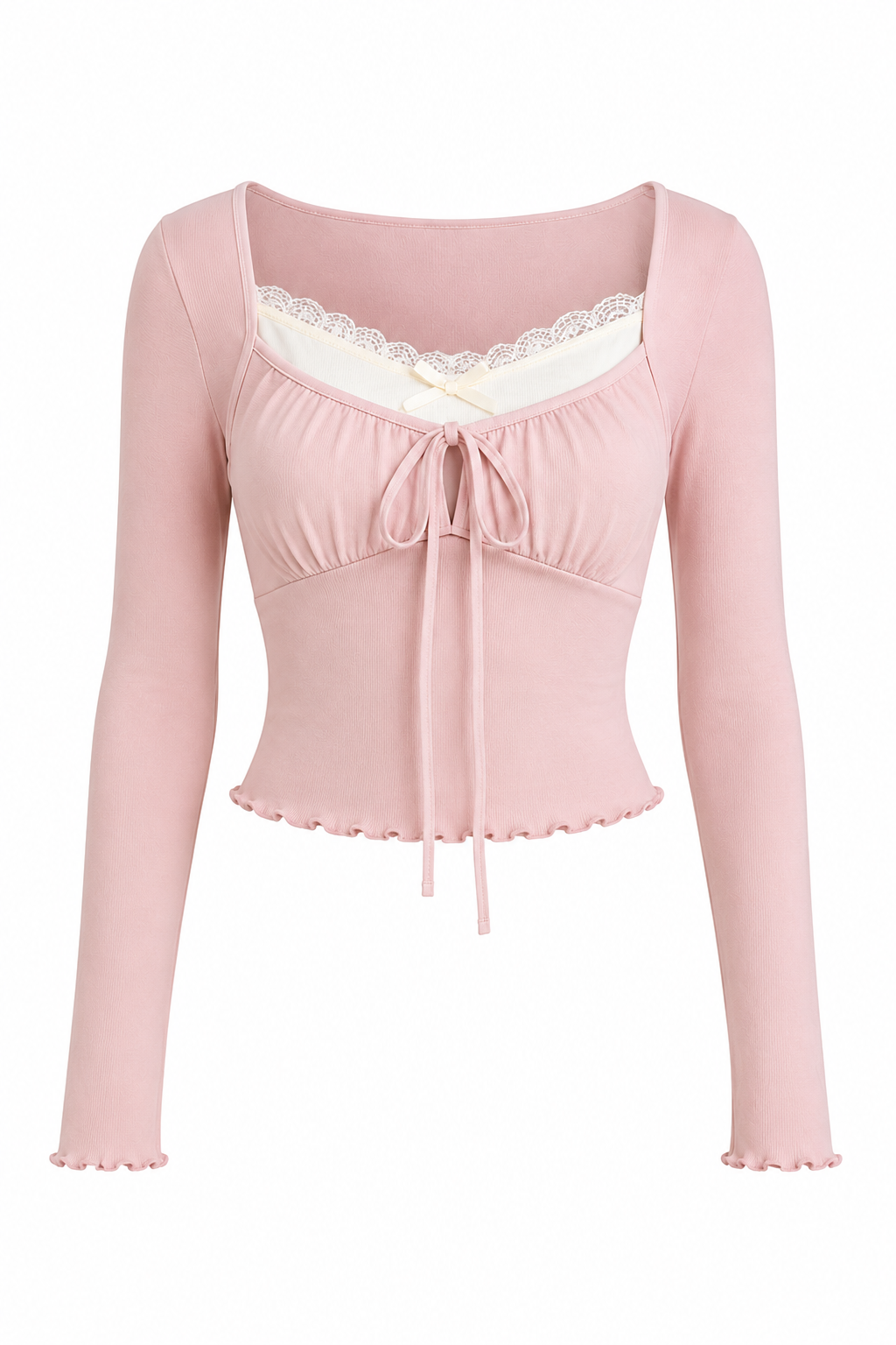 Korean Lace Tie Front Ribbed Crop Top