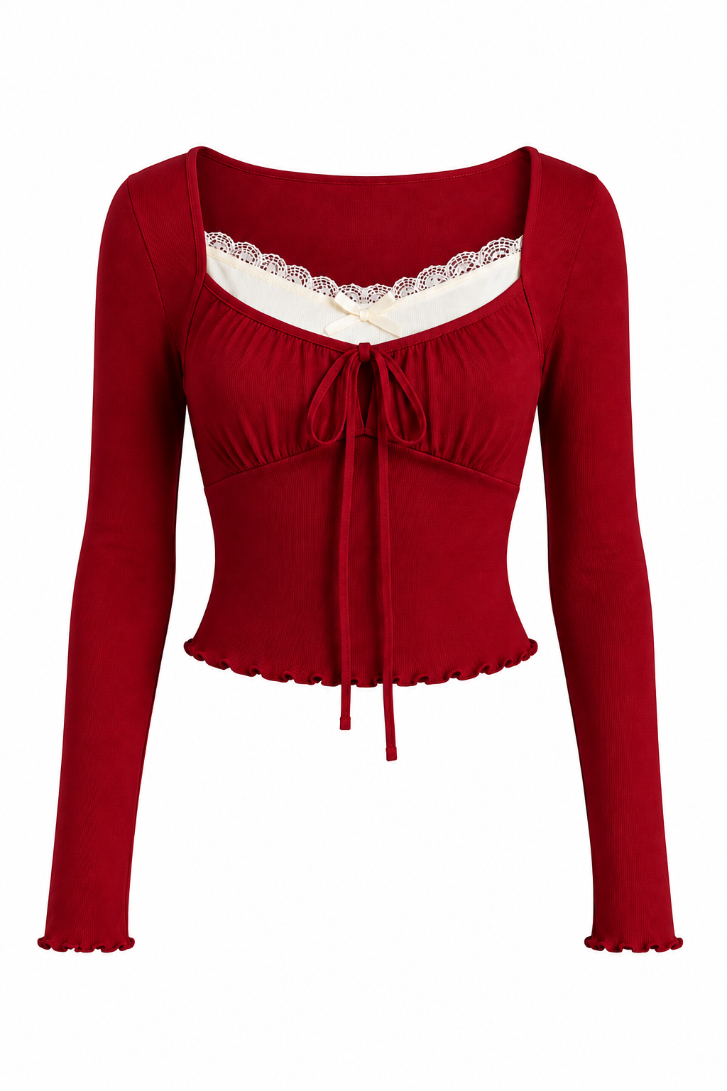 Korean Lace Tie Front Ribbed Crop Top - Image 3