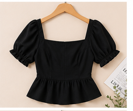 Black Puff Sleeve Peplum Top for Women | Silqora Couture